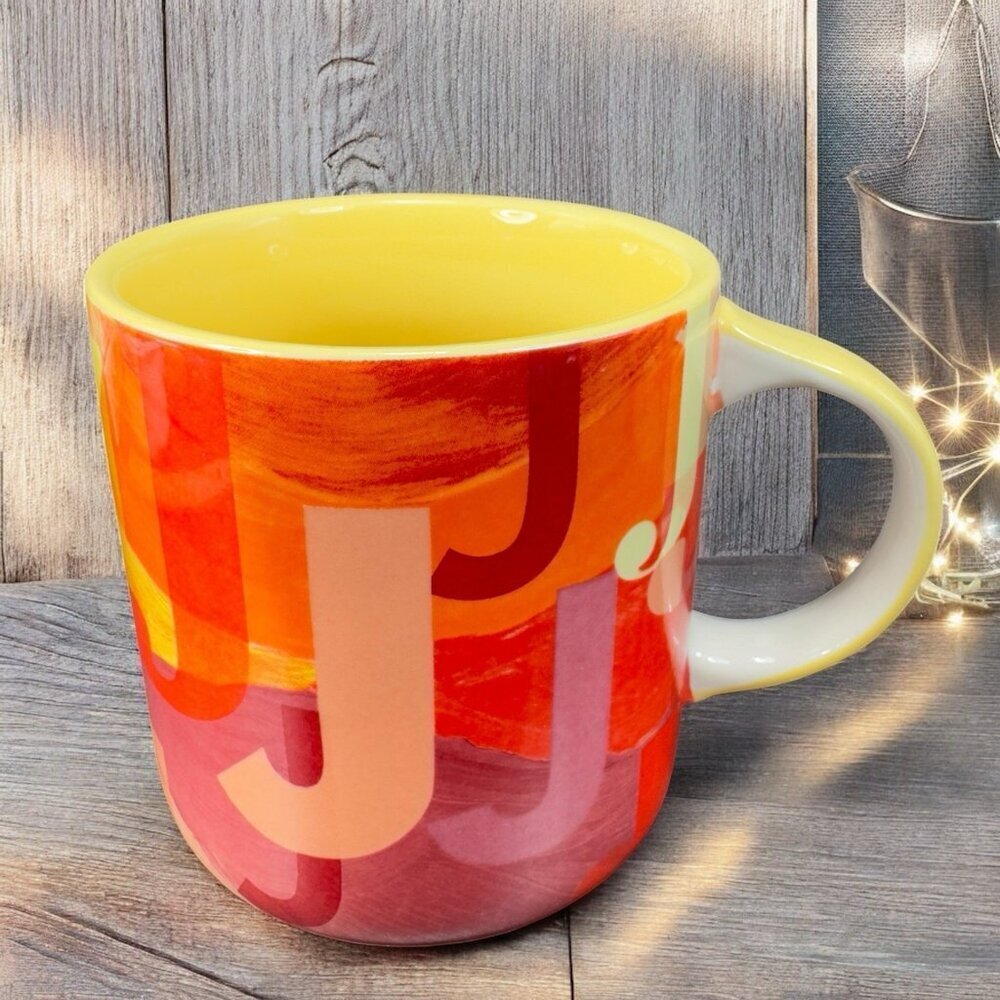 Anthropologie Monogram Lottie Mug Orange Red Yellow Pink Letter Initial J Mug